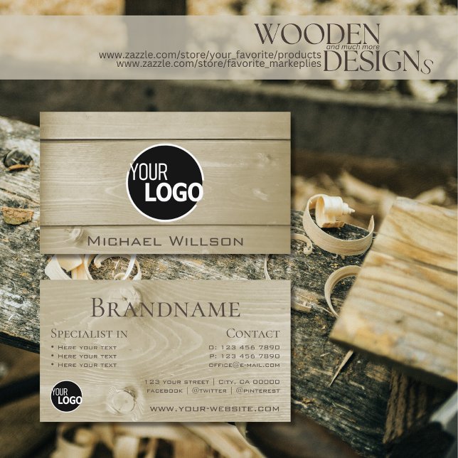 Light Brown Wooden Boards Wood Grain Look add Logo Business Card (Creator Uploaded)