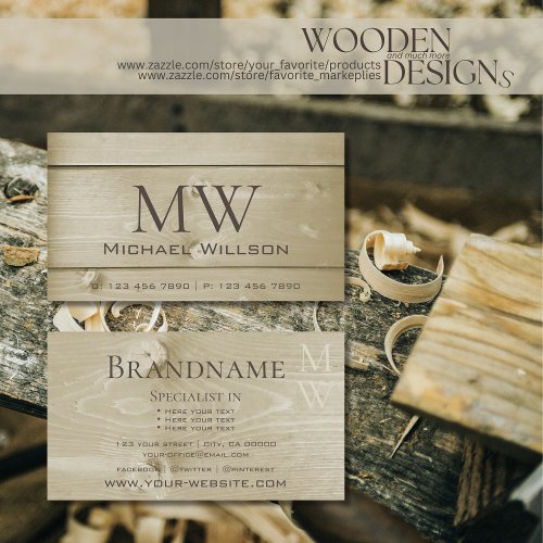 Light Brown Wooden Boards Wood Grain Look Initials Business Card