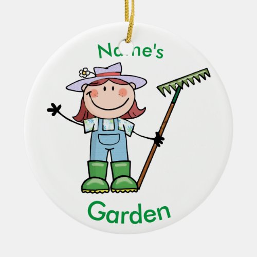 Light Brunette Girl Gardener in Overalls  Boots Ceramic Ornament