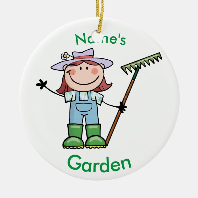 Light Brunette Girl Gardener in Overalls & Boots Ceramic Ornament (Front)