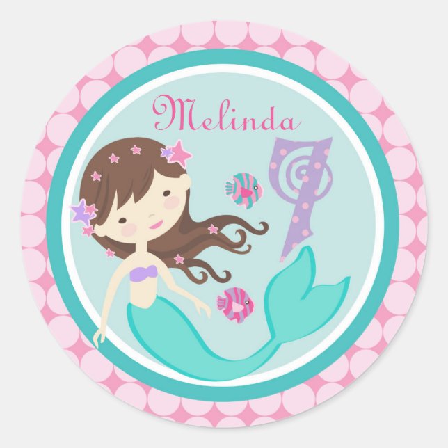 Light Brunette Mermaid Age Seven Birthday Sticker (Front)