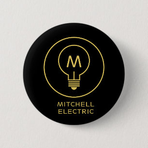LIGHT BULB MONOGRAM LOGO on BLACK for ELECTRICANS Pinback Button