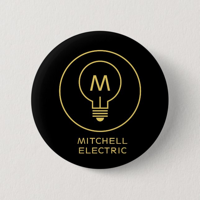 LIGHT BULB MONOGRAM LOGO on BLACK for ELECTRICANS Pinback Button (Front)