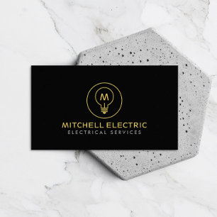 LIGHT BULB MONOGRAM LOGO on BLACK for ELECTRICIANS Business Card