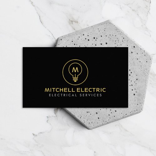 LIGHT BULB MONOGRAM LOGO on BLACK for ELECTRICIANS Business Card