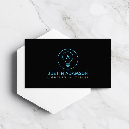 LIGHT BULB MONOGRAM LOGO on BLACK for ELECTRICIANS Business Card