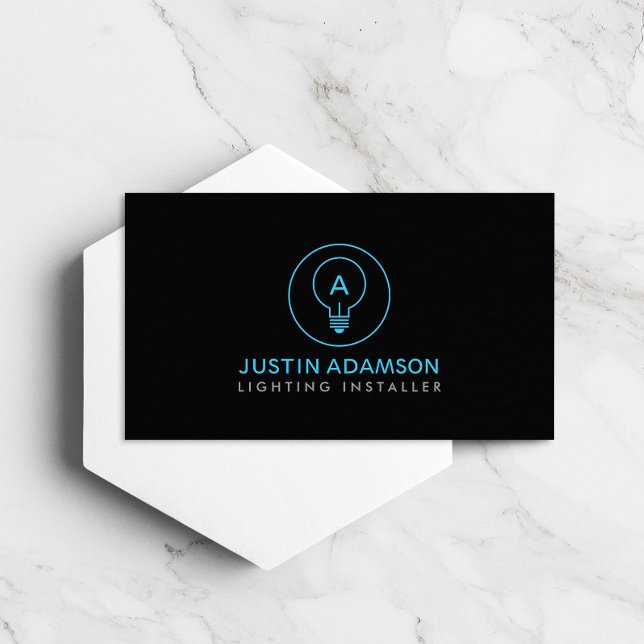 LIGHT BULB MONOGRAM LOGO on BLACK for ELECTRICIANS Business Card (Creator Uploaded)