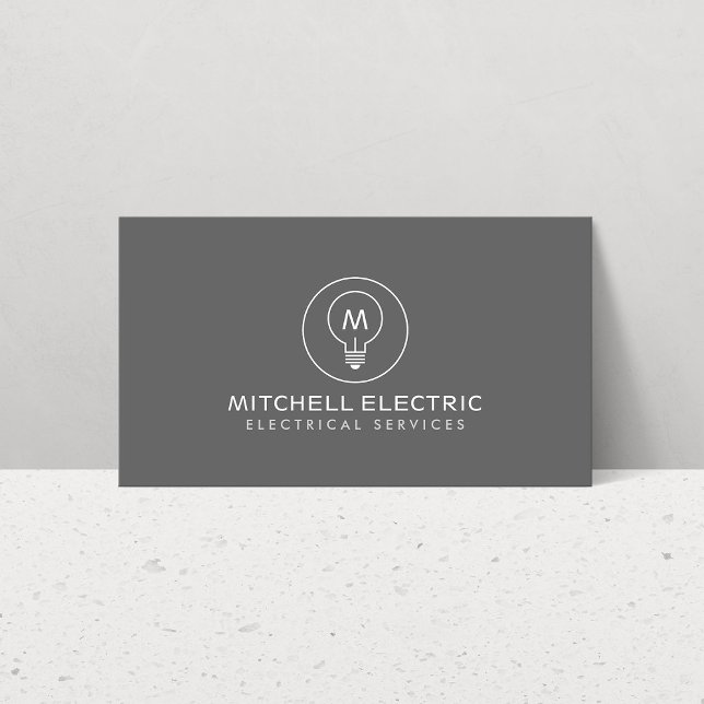 LIGHT BULB MONOGRAM LOGO on GRAY for ELECTRICIANS Business Card (Creator Uploaded)