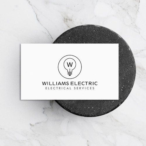 LIGHT BULB MONOGRAM LOGO on WHITE for ELECTRICANS Business Card Template