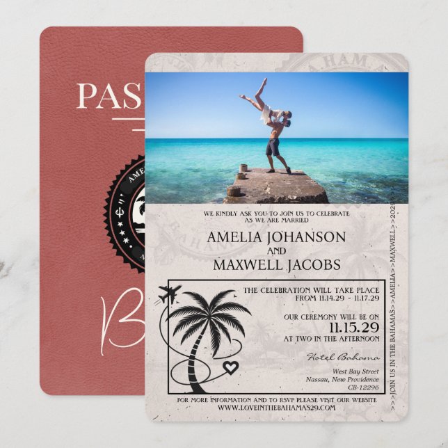 Light Burgundy  Bahamas Passport Wedding Invitation (Front/Back)