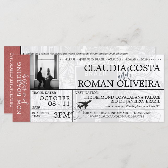 Light Burgundy Brazil Wedding Boarding Pass (Front/Back)