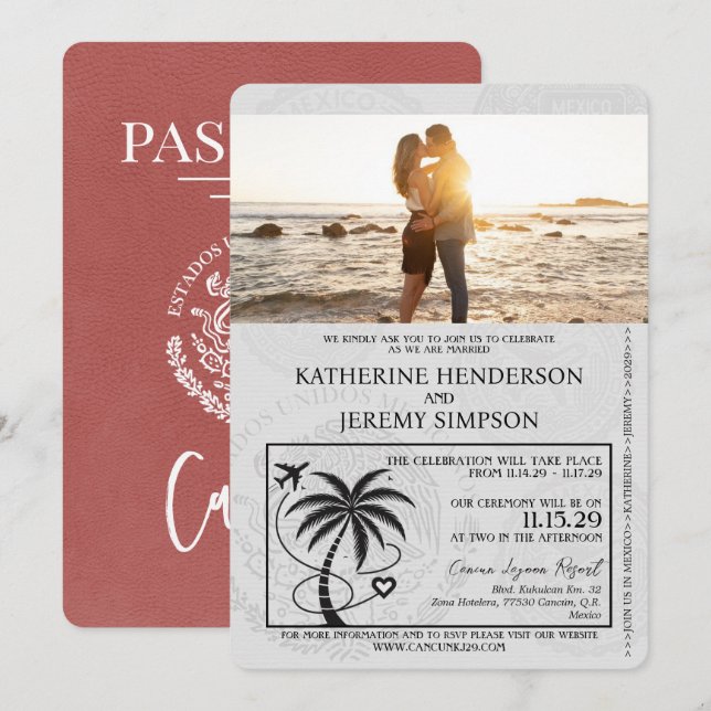 Light Burgundy Cancun Passport Wedding Invitation (Front/Back)