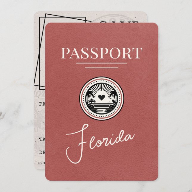 Light Burgundy Florida Passport Save The Date (Front/Back)