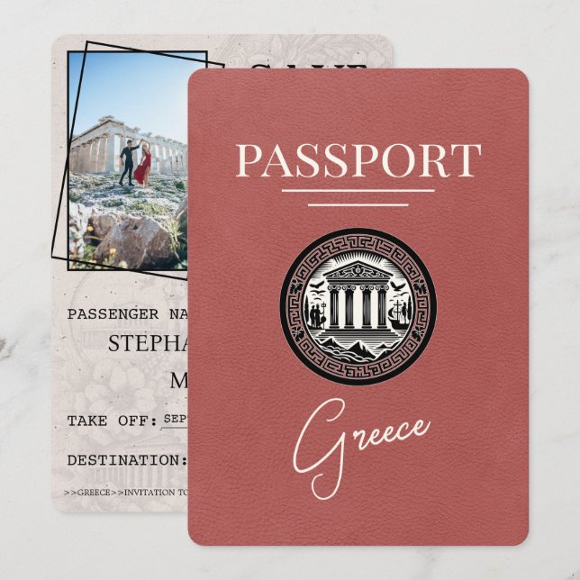 Light Burgundy Greece Passport Save the Date Card (Front/Back)