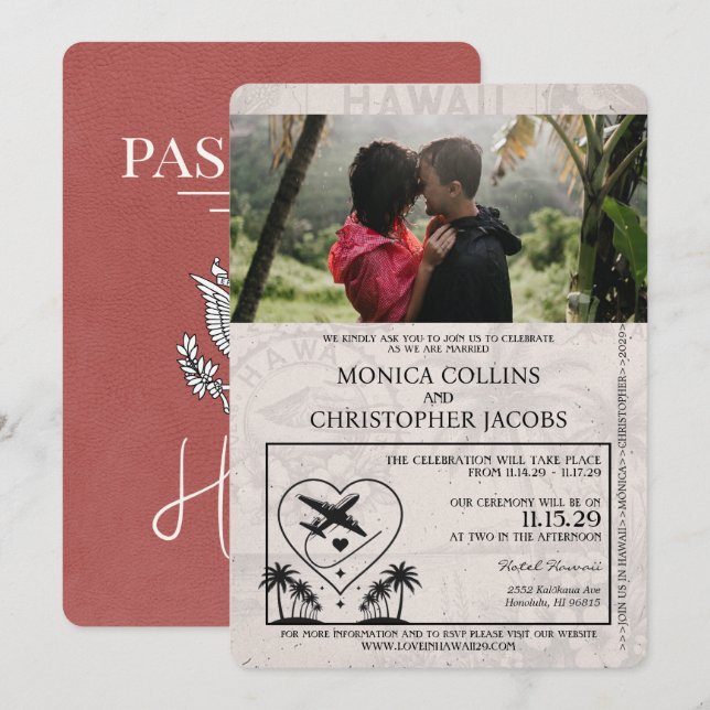 Light Burgundy Hawaii Passport Wedding Invitation (Front/Back)