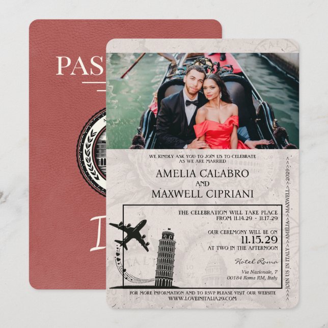 Light Burgundy Italy Passport Wedding Invitation (Front/Back)