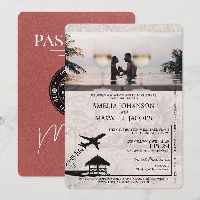 Light Burgundy Maldives Passport Wedding Invitation (Front/Back)
