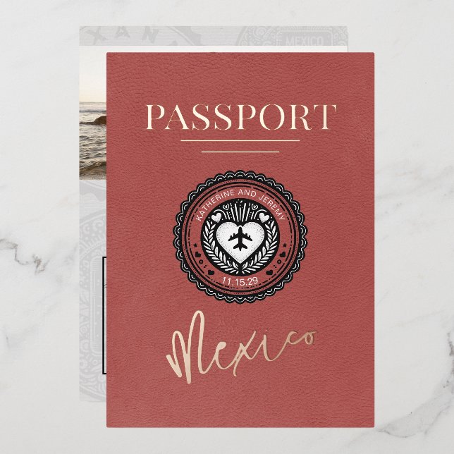 Light Burgundy Mexico Passport Wedding Foil Invitation (Front/Back)