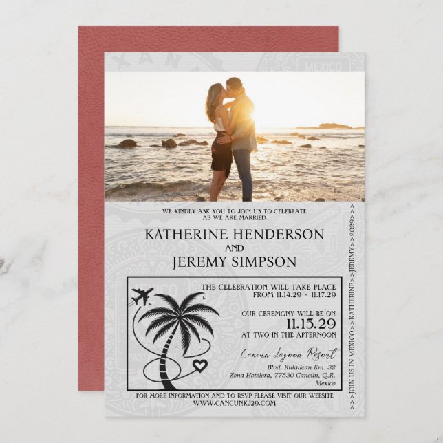 Light Burgundy Mexico Passport Wedding Invitation (Front/Back)