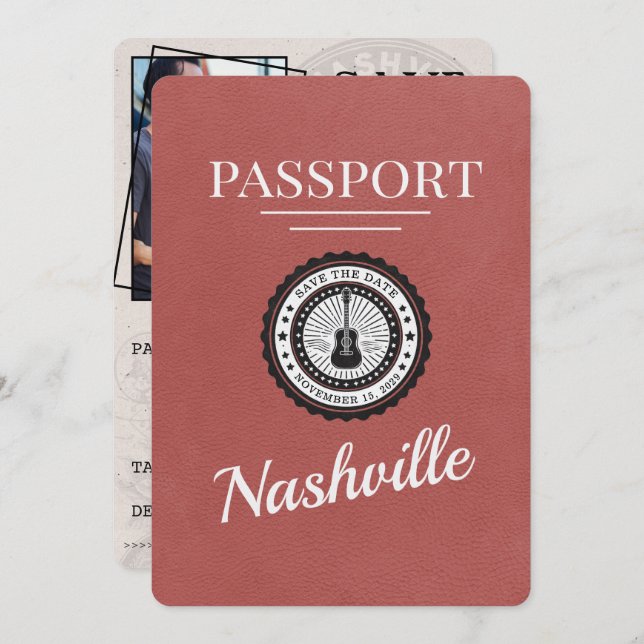 Light Burgundy Nashville Passport Save The Date (Front/Back)