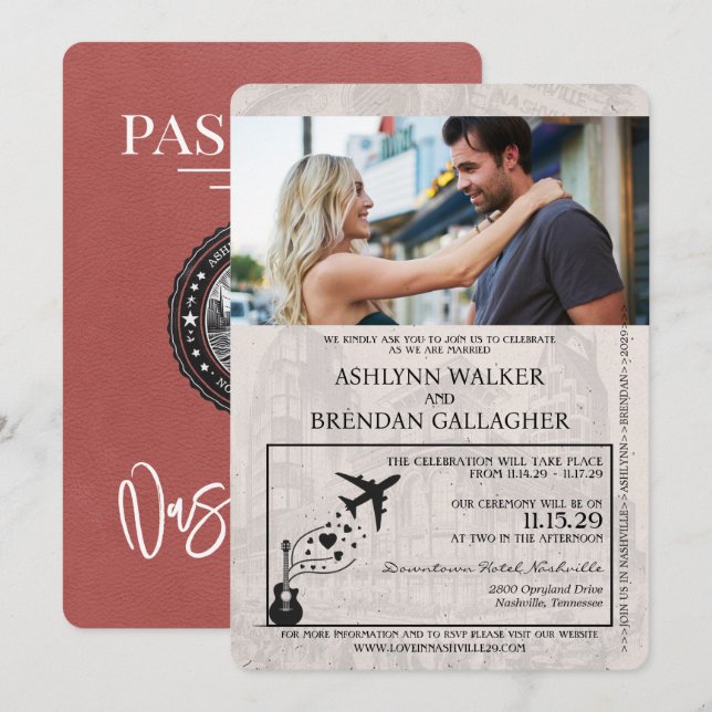 Light Burgundy Nashville Passport Wedding Invitation (Front/Back)