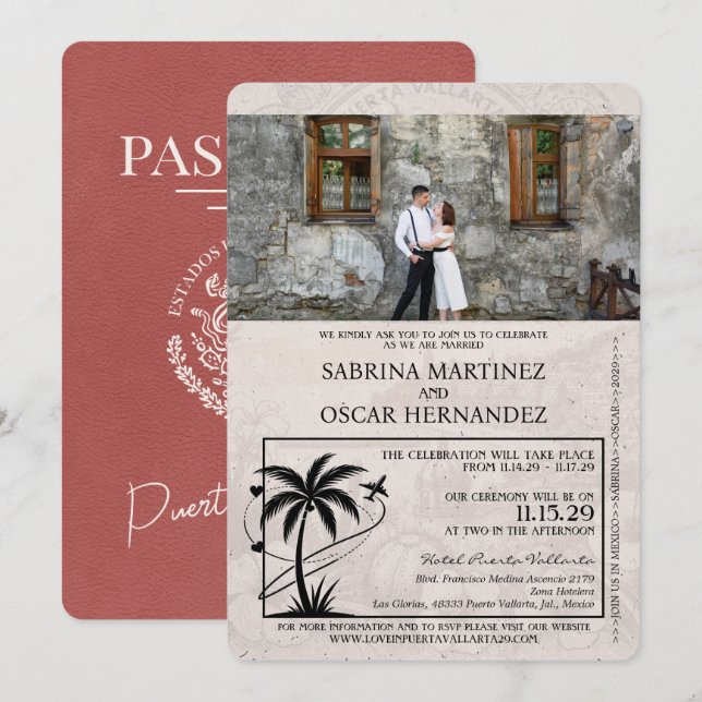 Light Burgundy Puerta Vallarta Passport Wedding Invitation (Front/Back)