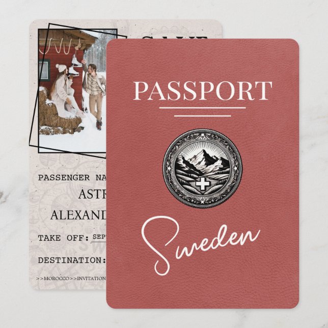 Light Burgundy Sweden Passport Save The Date (Front/Back)