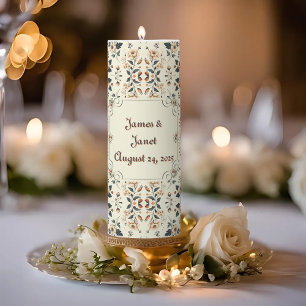 Light Buttercream Floral Wedding Tall Pillar Candle