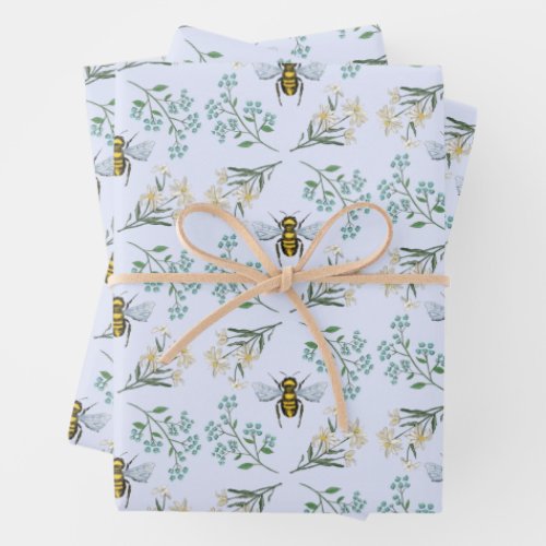 Light Buzz Cute Bee Floral Flower Girl Baby Shower Wrapping Paper Sheets