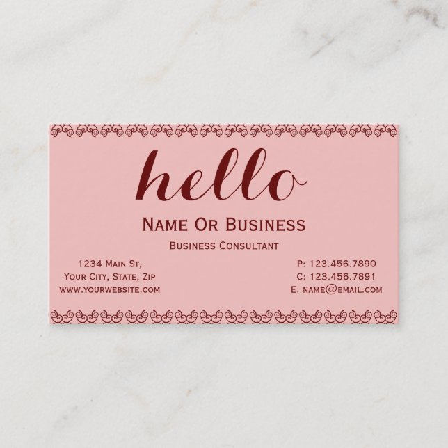 Light Carnation Pink Deep Red Hello Business Card (Front)