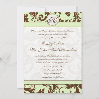 Light Celery Green Brown Damask Wedding Invitation