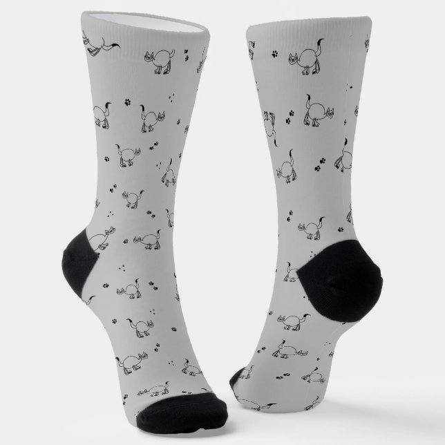 Light Charcoal Cat Line Art Pattern Socks (Angled)