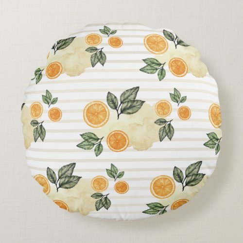 Light Citrus Oranges Fruit and Stripes  Round Pillow