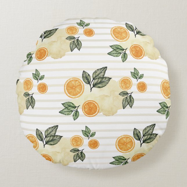 Light Citrus Oranges Fruit and Stripes  Round Pillow (Front)