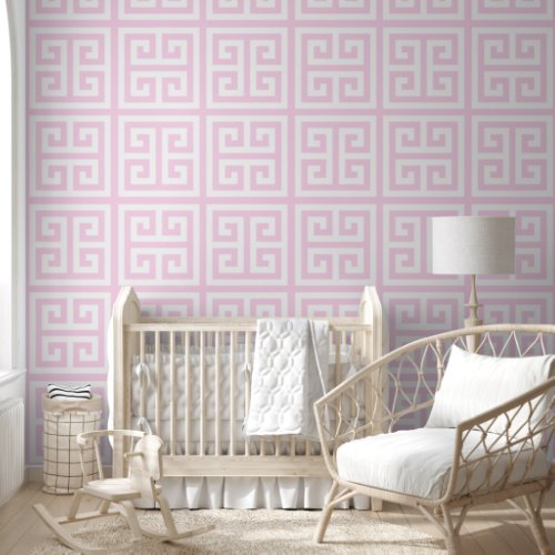 Light Classic Rose and White Greek Key Large Wallpaper