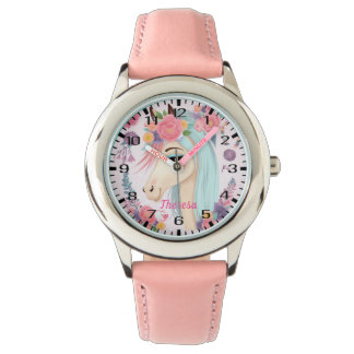 Light Colored Teal Hair Unicorn with Flowers Watch