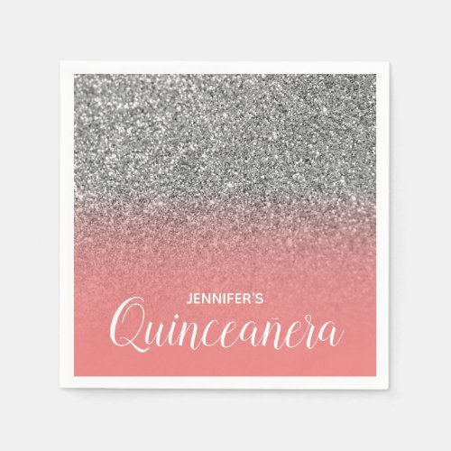 Light Coral and Silver Glitter Ombre Quinceanera Napkins