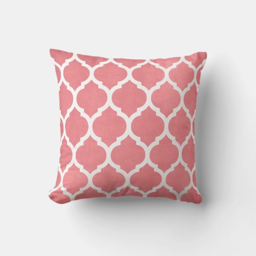 Light Coral and White Classic Trellis Quatrefoil Throw Pillow