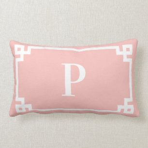 Light Coral and White Greek Key Border Monogram Lumbar Pillow