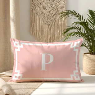 Light Coral and White Greek Key Border Monogram Lumbar Pillow