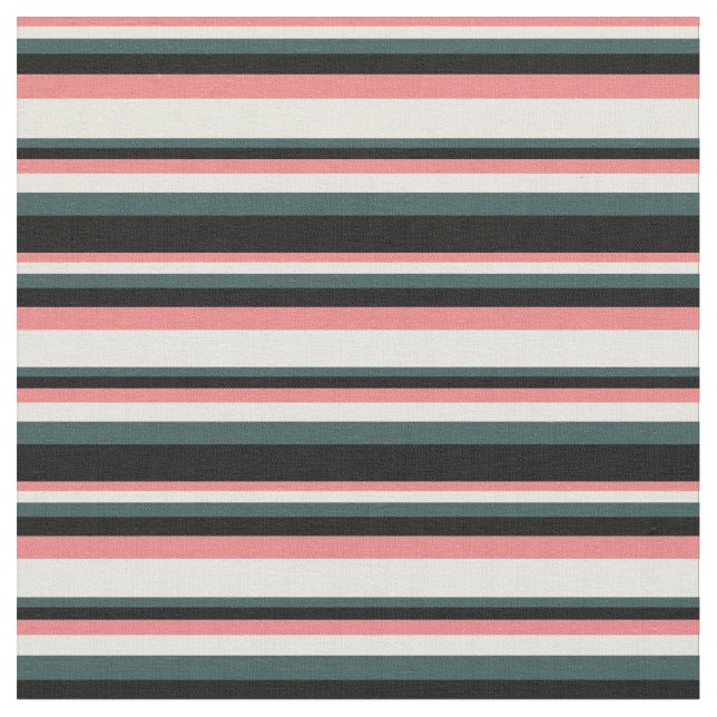 Light Coral, Beige, Dark Slate Gray & Black Lines Fabric (Close Up)
