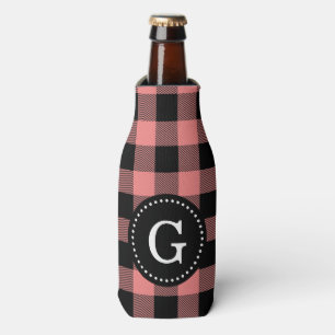 Light Coral Black Buffalo Check Plaid 1I Monogram Bottle Cooler
