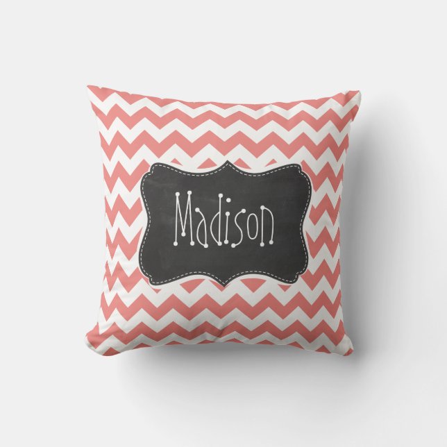 Light Coral Chevron Stripes; Chalkboard look Throw Pillow (Front)