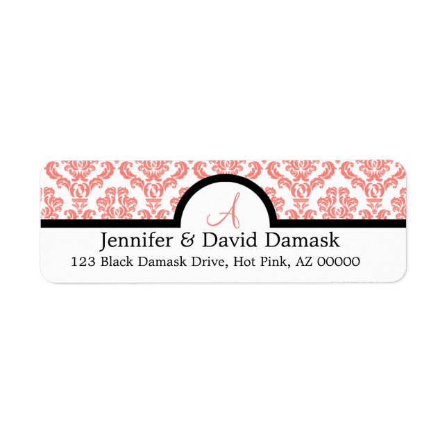 Light Coral Damask Wedding Monogram Labels (Front)