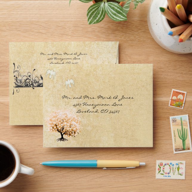 Light Coral Heart Leaf Tree RSVP Envelopes (Desk)