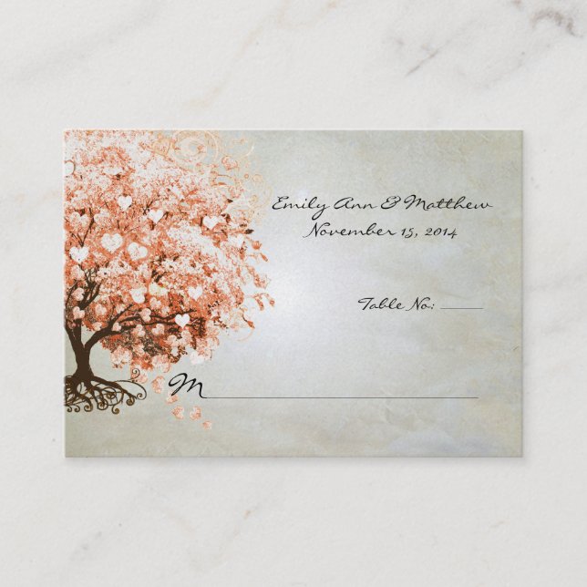Light Coral Heart Leaf Tree Table Place Cards (Front)