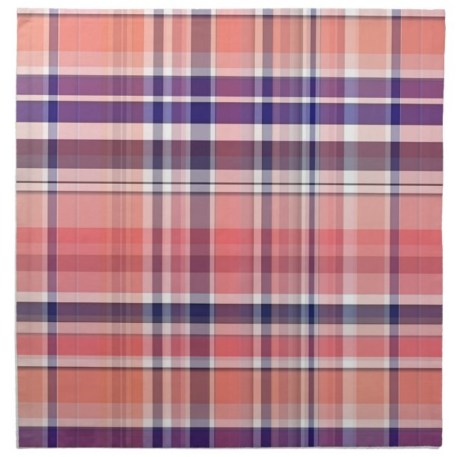 Light Coral, Navy Blue, White Preppy Madras Plaid Cloth Napkin (Front)