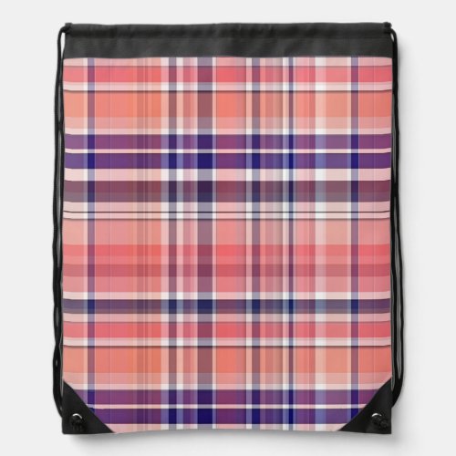 Light Coral Navy Blue White Preppy Madras Plaid Drawstring Bag