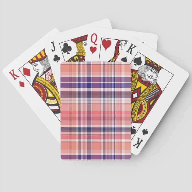Light Coral, Navy Blue, White Preppy Madras Plaid Poker Cards (Back)