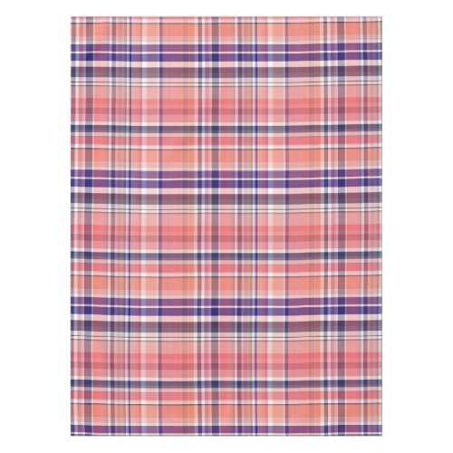 Light Coral Navy Blue White Preppy Madras Plaid Tablecloth